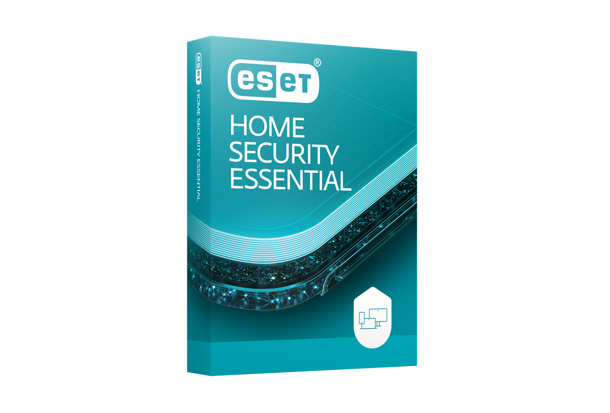 ESET HOME Security Essential antivirus software product box - All-in-one protection for browsing, payments, and Wi-Fi.