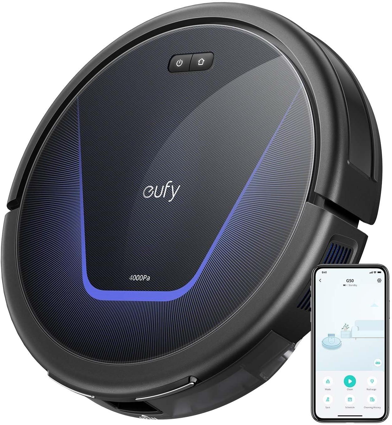 Product image of eufy G50 Robot Vacuum Cleaner with 4,000 Pa Strong Suction, Pro-Detangle Comb, Roller Brush, Automatic Charging, Quiet, Work with Alexa, BoostIQ, Ideal for Pet Hair, Hard Floors, Carpet